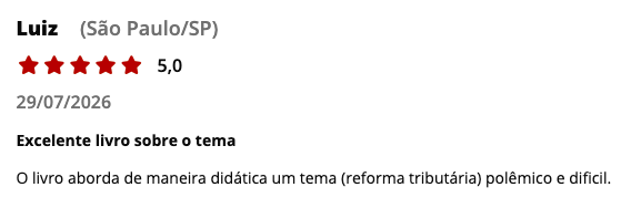Avaliação de leitor do livro Reforma Tributária Esquematizada, de Felipe Duque, publicada no site da Editora Juspodivm